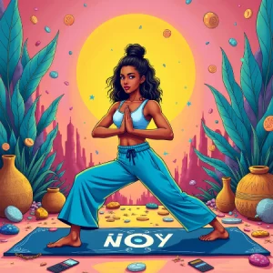 Vibrant and satirical illustration depicting the commercialization of yoga 