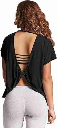 Mippo Womens Open Back Workout Tops Loose Short Sleeve Athletic Gym T Shirts 