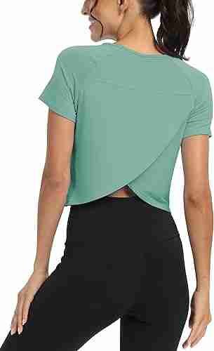 Mippo Workout Tops for Women Cropped Split Back Athletic Gym Exercise Shirts Loose Fit