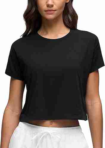 CRZ YOGA Women's Pima Cotton Workout Short Sleeve Shirts Loose Athletic Crop Tops Gym Casual Cropped T-Shirt 