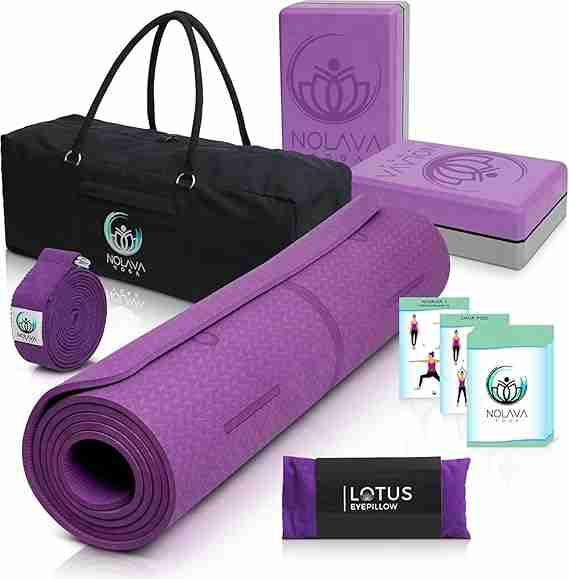 NOLAVA Yoga Mats & Complete Sets - TPE, Non-Slip, Eco-Friendly - Includes Mat, Blocks, Strap, & More (6pc or 7pc Sets) - For Pilates, Yoga & Fitness