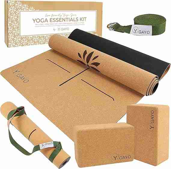 Gayo Premium Cork All-in-One Yoga Essentials Kit -Large Cork Yoga Mat and Blocks Set with Carry Strap and Alignment lines, 10ft Stretch Strap, Your Ultimate Eco-Friendly Starter Set 10 Best Complete Yoga Kits to Elevate Your Practice from Day One 